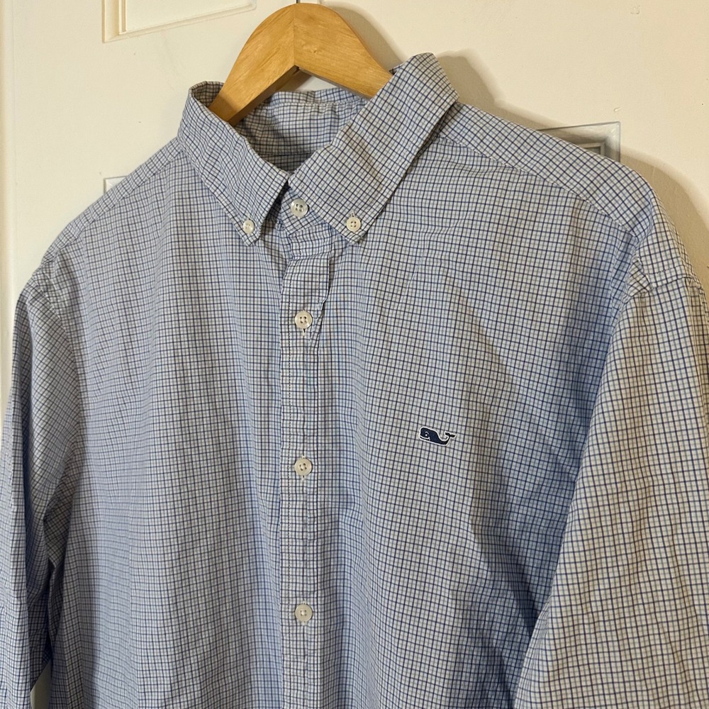 Vineyard Vines Classic Fit Whale Shirt Button Down Blue White‎ Check Preppy XL